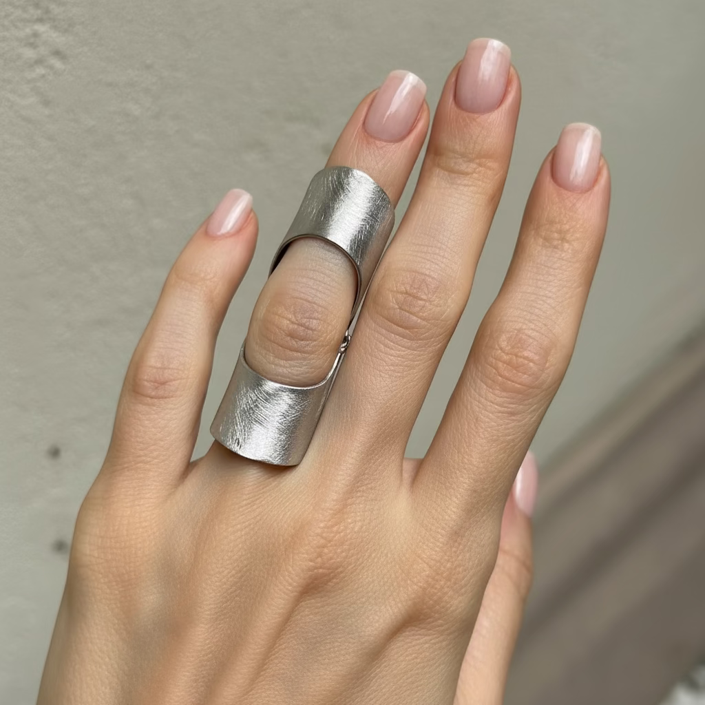 A person's hand wearing a sterling silver full finger ring with a matte finish.