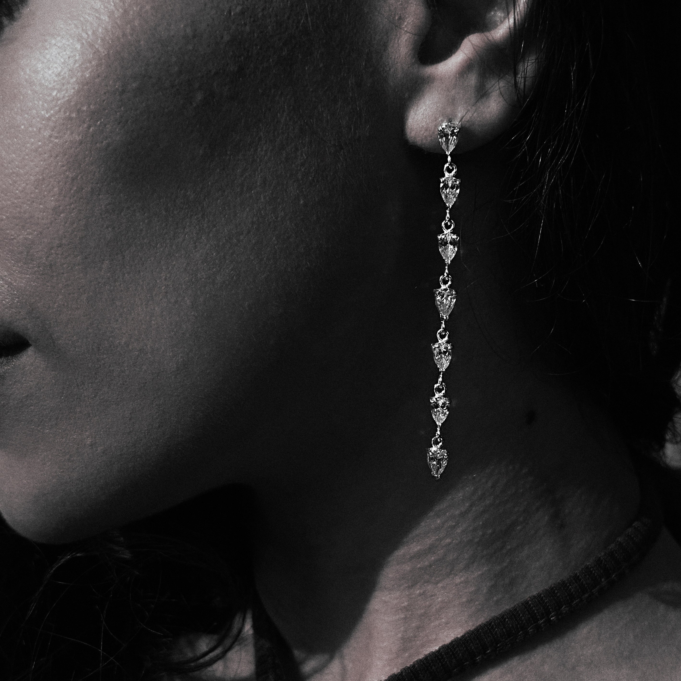 "Silver long chandelier zircon earrings"