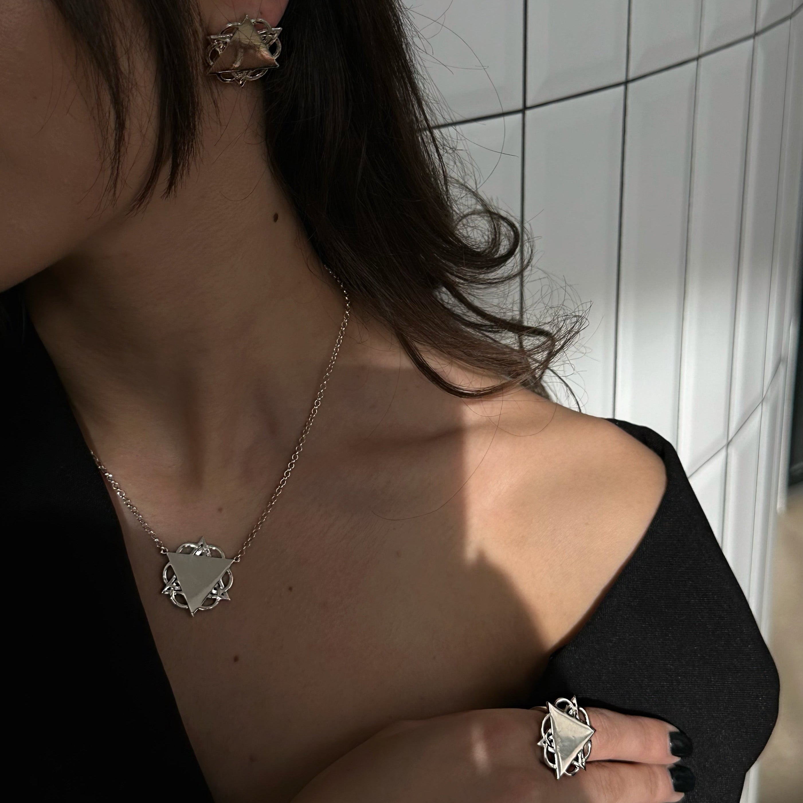 "Silver geometry triangle armenian ring"