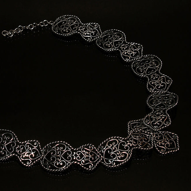 "Silver wide filigree ornament choker"