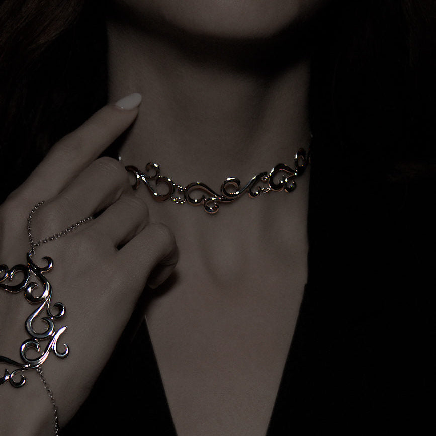"wide sterling silver choker necklace"